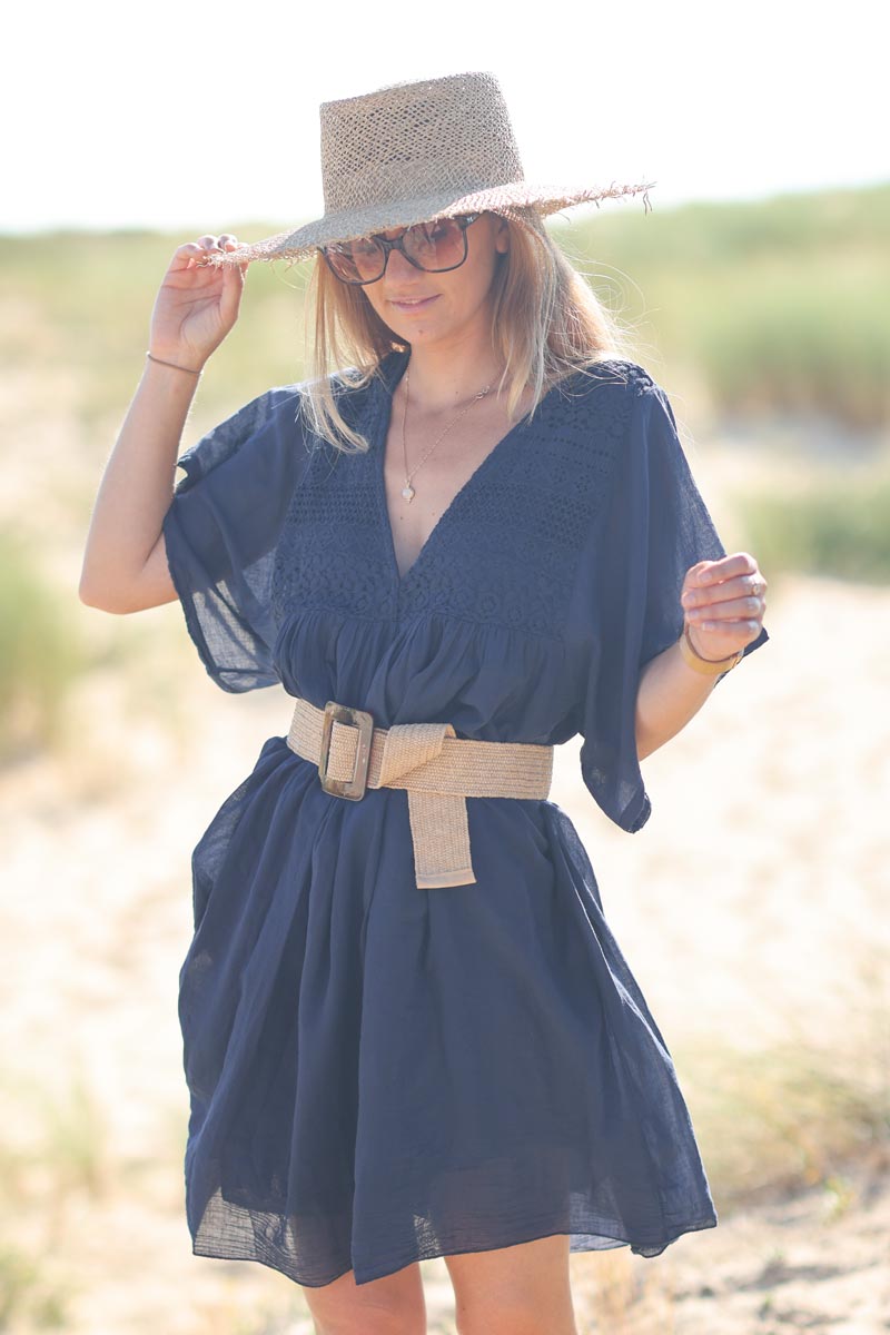 Vestido azul marino claro en gasa de algodón con top de encaje