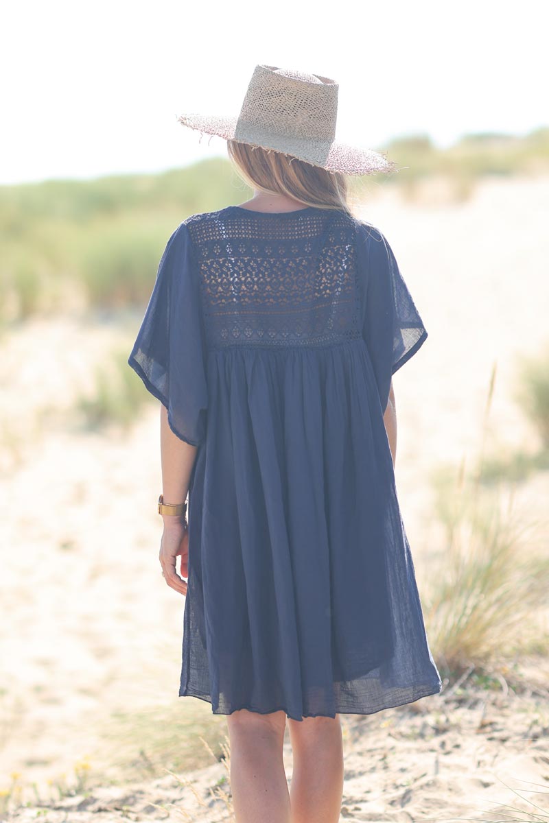 Vestido azul marino claro en gasa de algodón con top de encaje