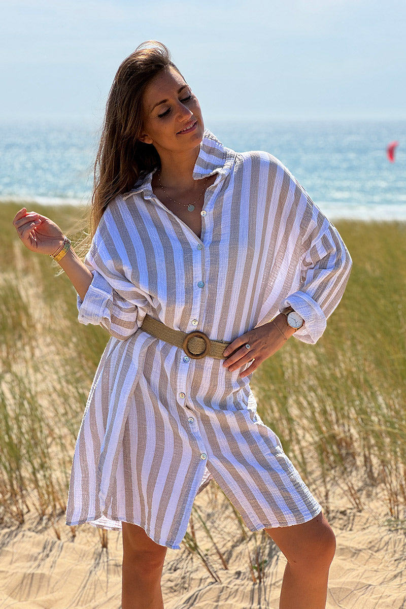 Robe chemise blanche en gaze de coton rayures beige