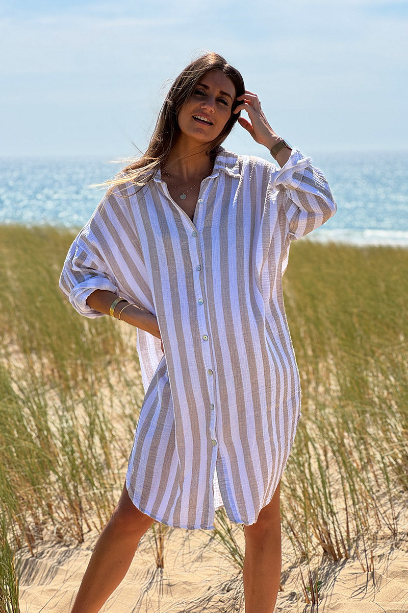 Robe chemise blanche en gaze de coton rayures beige