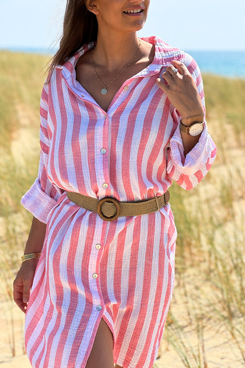 Robe chemise blanche en gaze de coton rayures corail