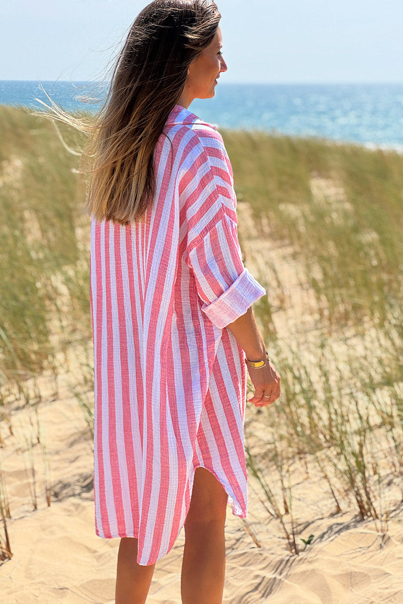 Robe chemise blanche en gaze de coton rayures corail