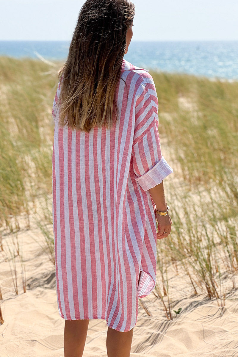 Robe chemise blanche en gaze de coton rayures corail