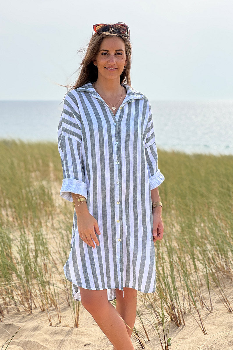 Robe chemise blanche en gaze de coton rayures kaki