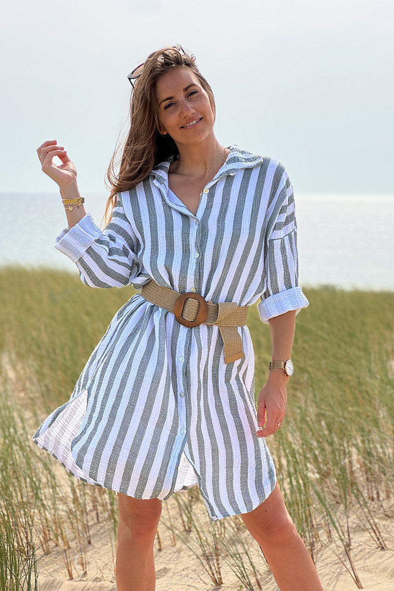 Robe chemise blanche en gaze de coton rayures kaki