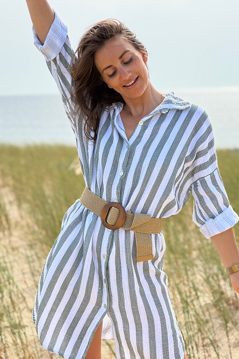 Robe chemise blanche en gaze de coton rayures kaki