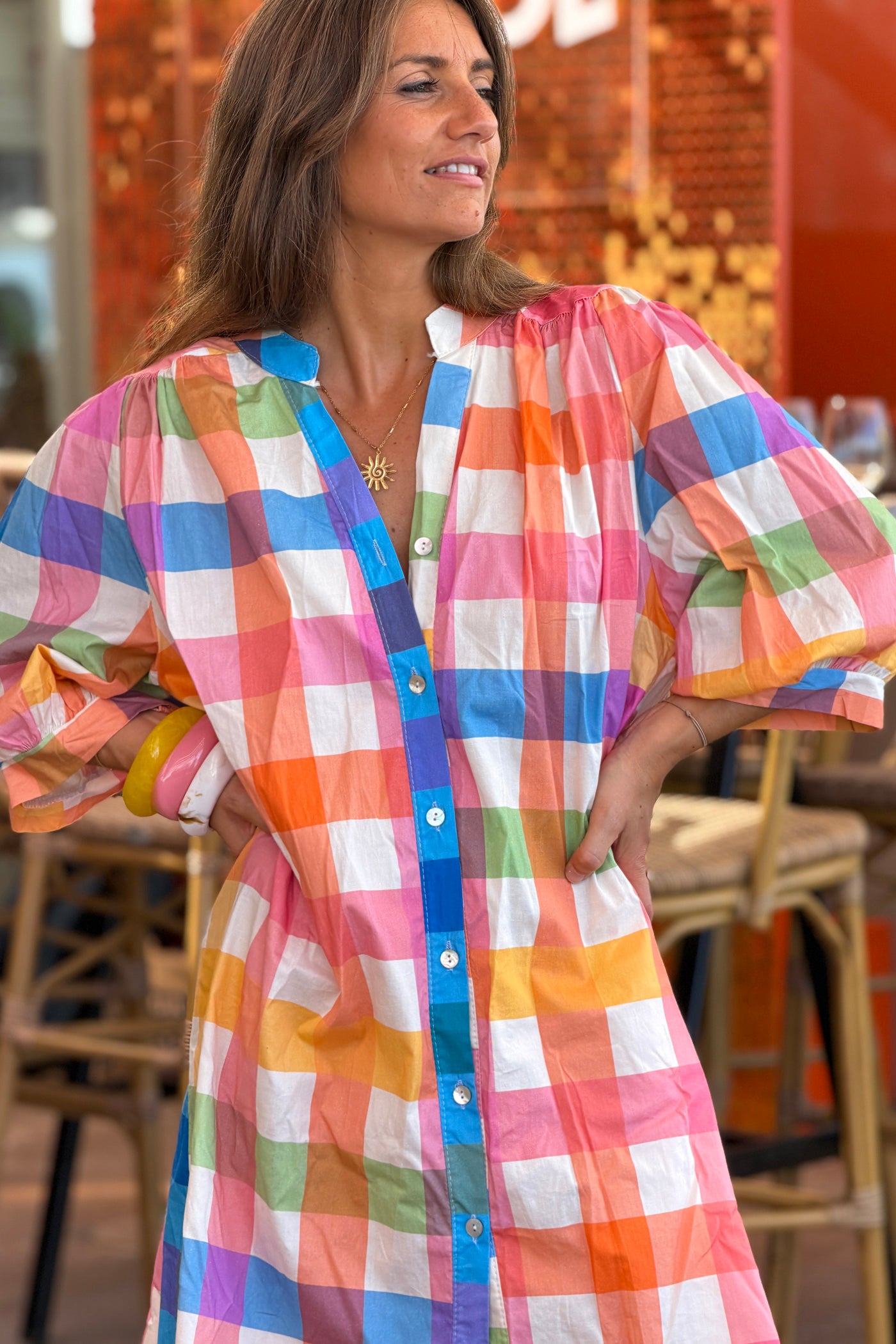 Robe chemise en coton imprimé carreaux multicolores