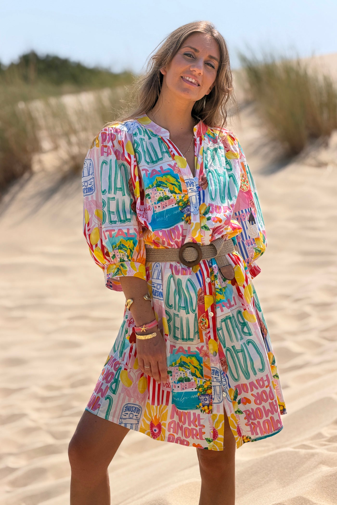 Yellow Stripe “Ciao Bella” Button-Down Tunic