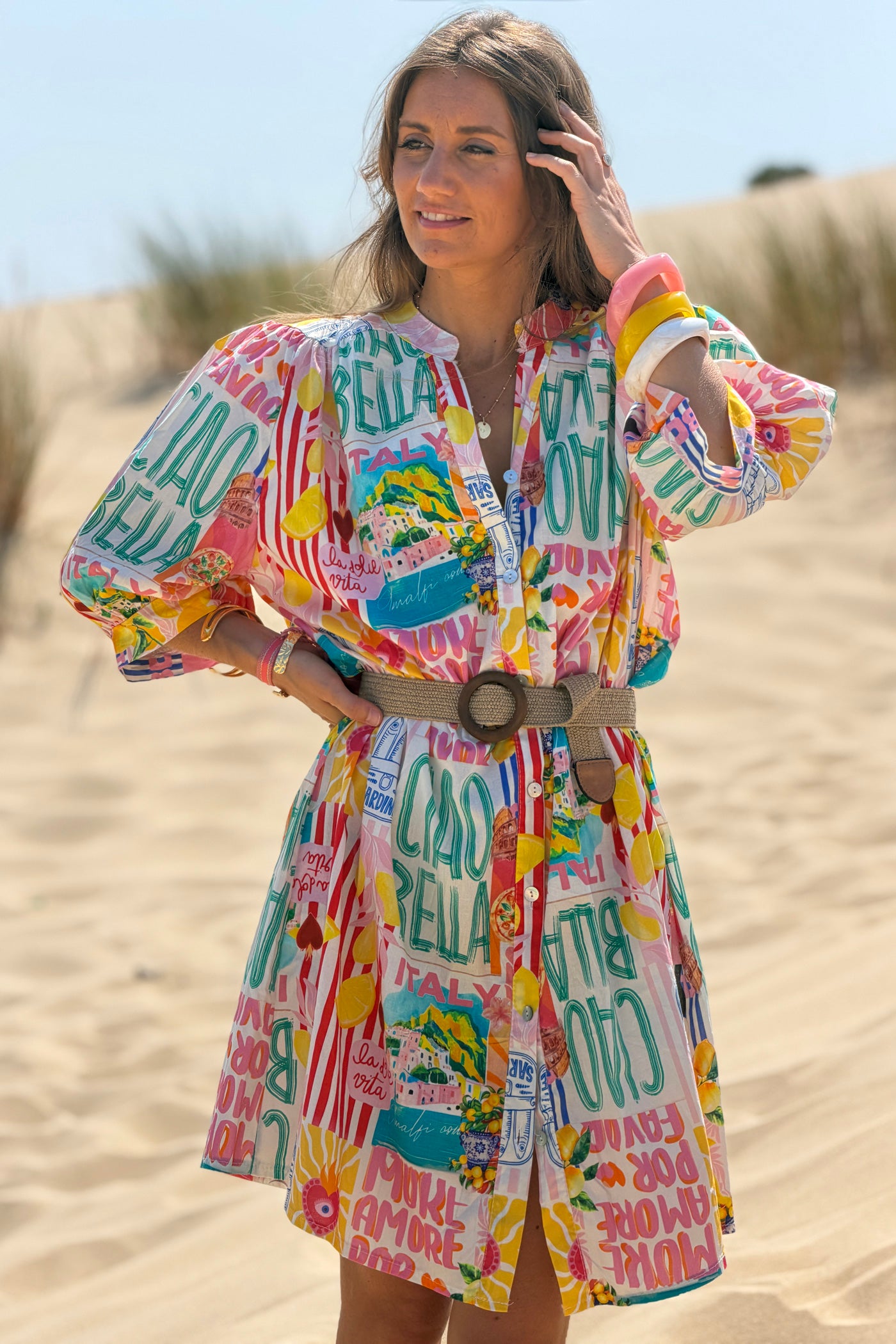 Yellow Stripe “Ciao Bella” Button-Down Tunic