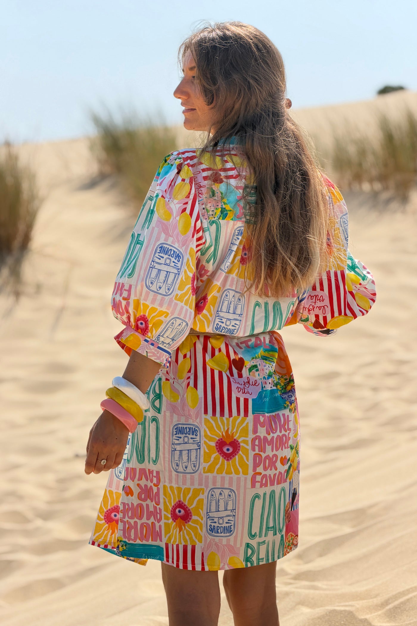 Yellow Stripe “Ciao Bella” Button-Down Tunic