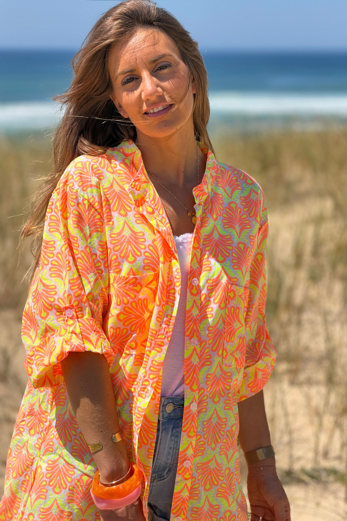 Orange Tropical Flourish Shirt Dress