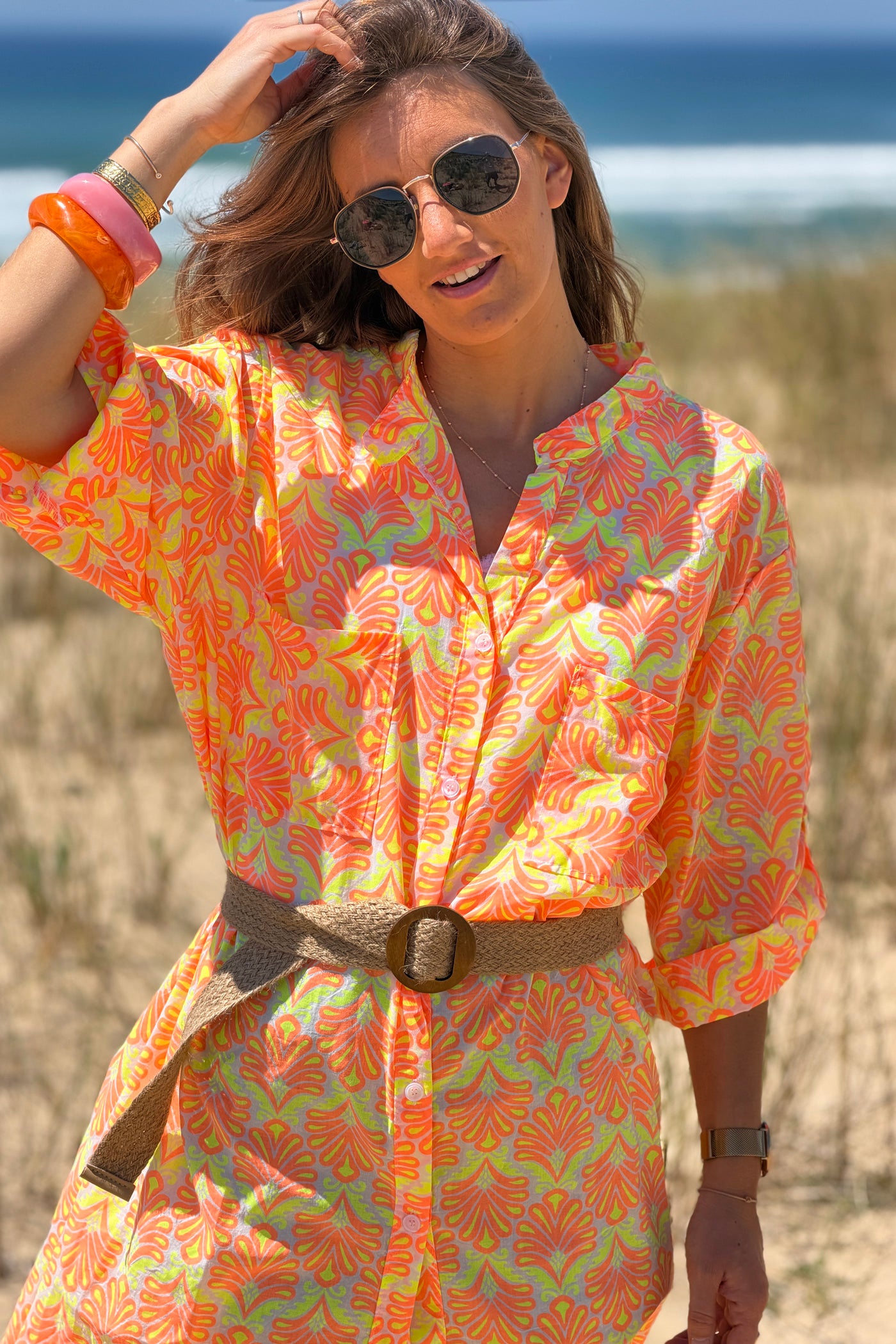 Orange Tropical Flourish Shirt Dress