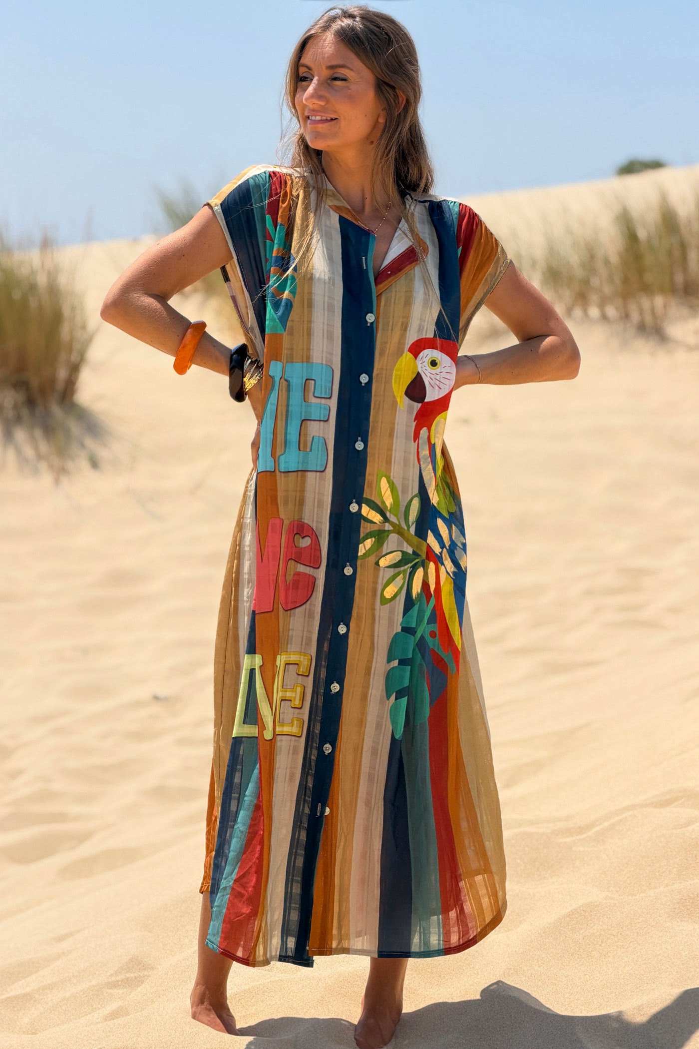 Blue Striped “Love” Sleeveless Button-Down Caftan