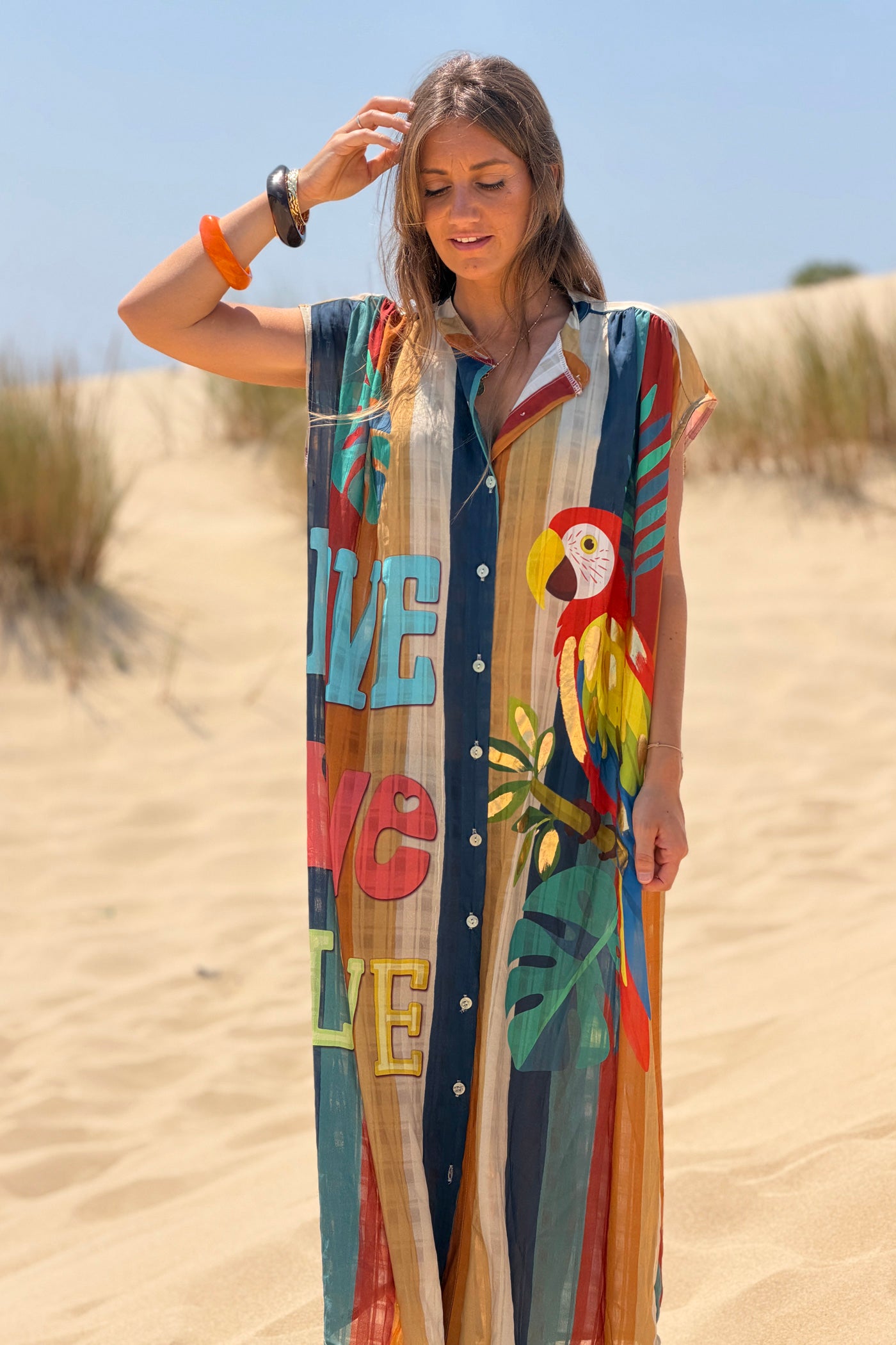 Blue Striped “Love” Sleeveless Button-Down Caftan