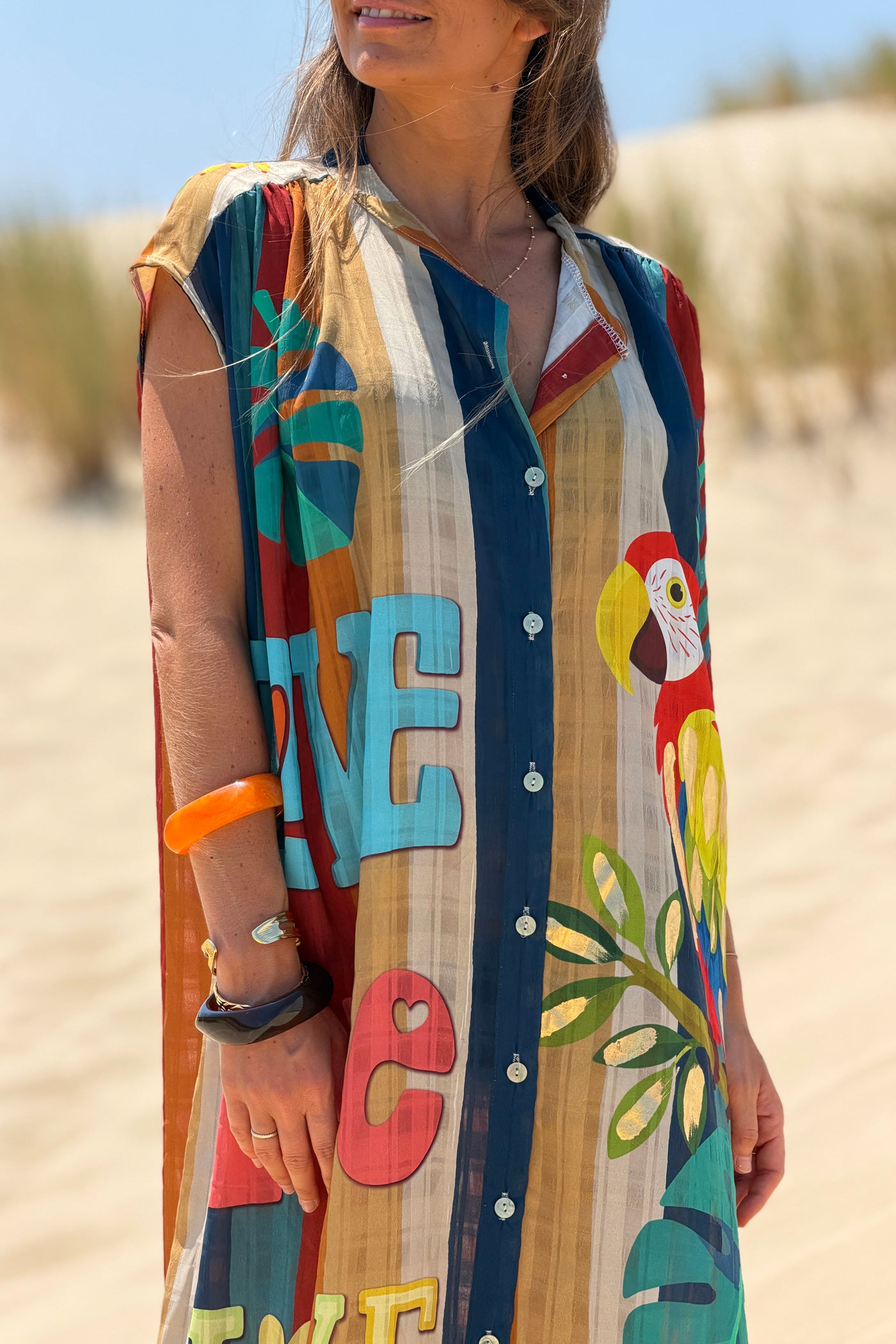 Blue Striped “Love” Sleeveless Button-Down Caftan