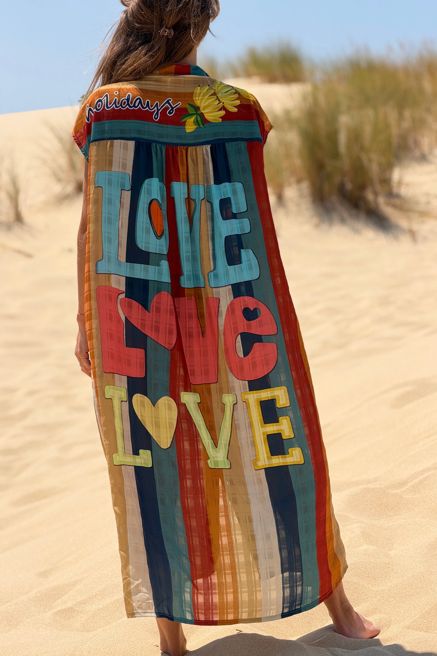 Blue Striped “Love” Sleeveless Button-Down Caftan