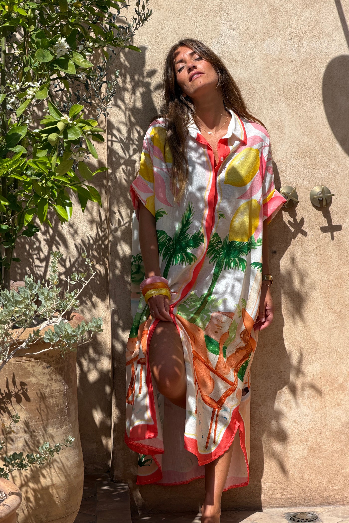 Robe chemise longue et large imprimé Vacances surfeurs et citrons