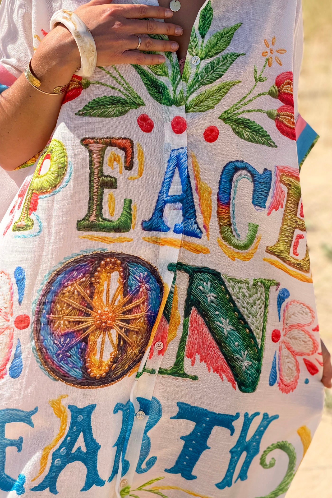 White “Peace on Earth” Tropical Crafty Caftan