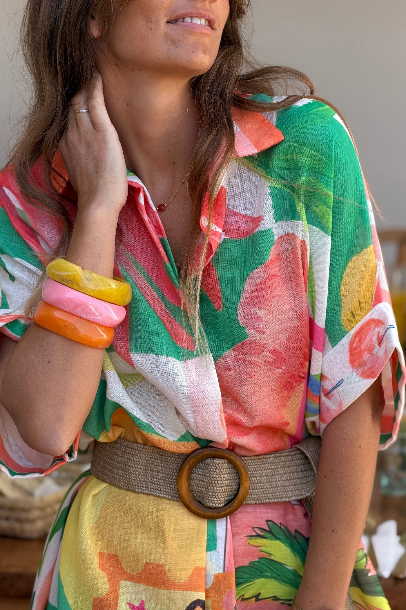 Robe chemise longue et large imprimé orange et vert fruits et fleurs