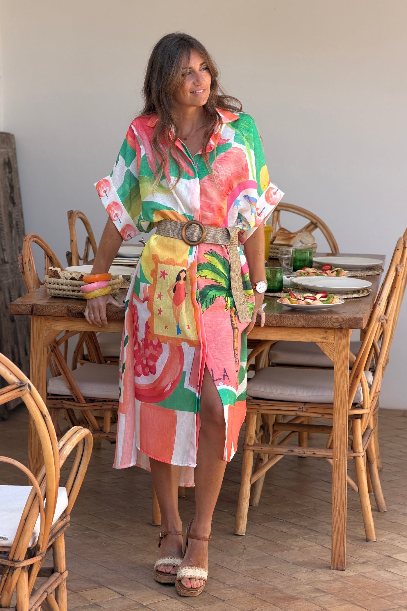 Robe chemise longue et large imprimé orange et vert fruits et fleurs