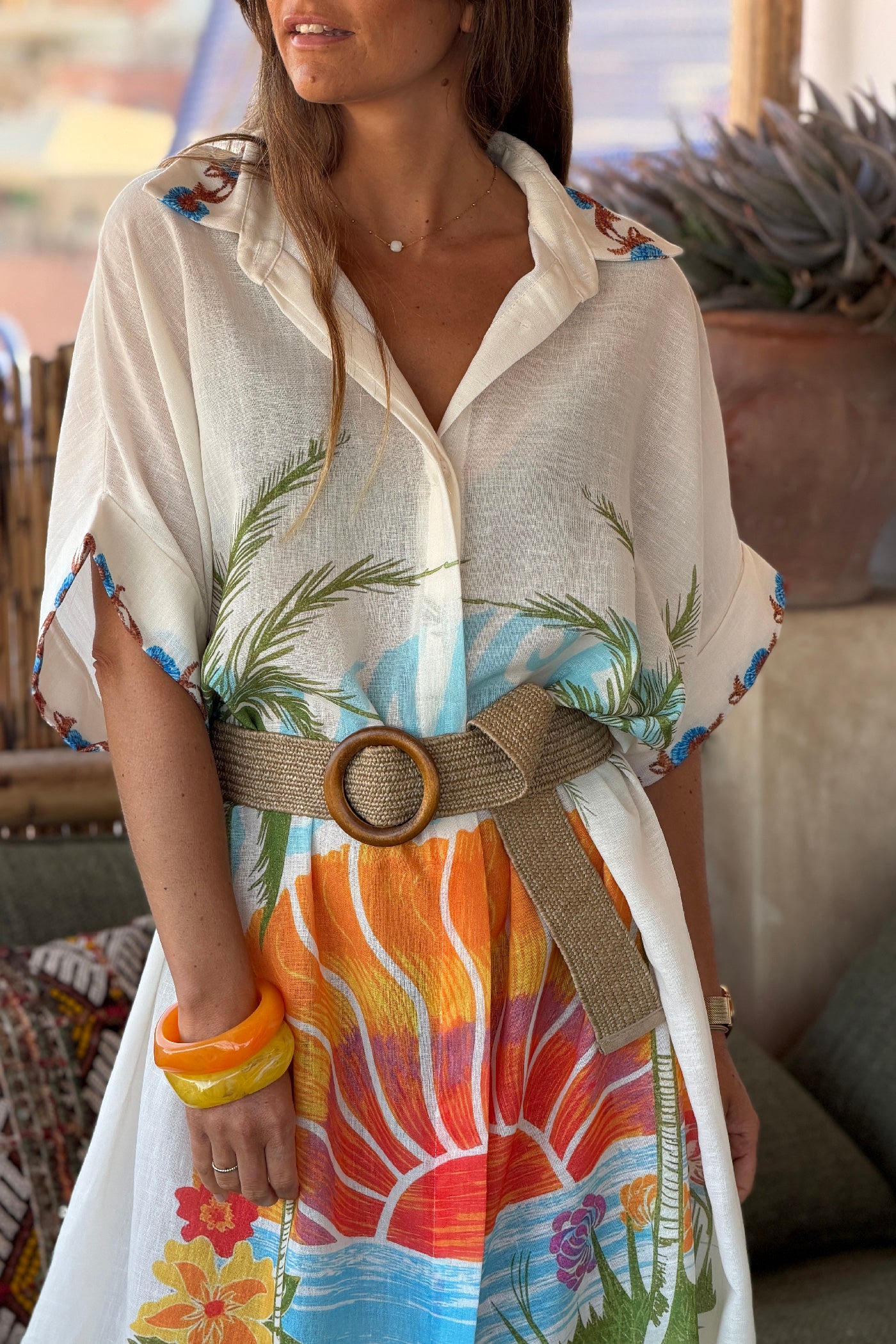 White Sunset Print Button-Down Caftan