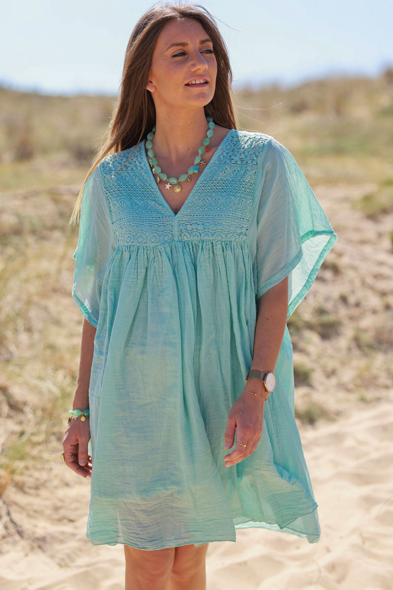 Robe vert d'eau légère voile de coton haut dentelle