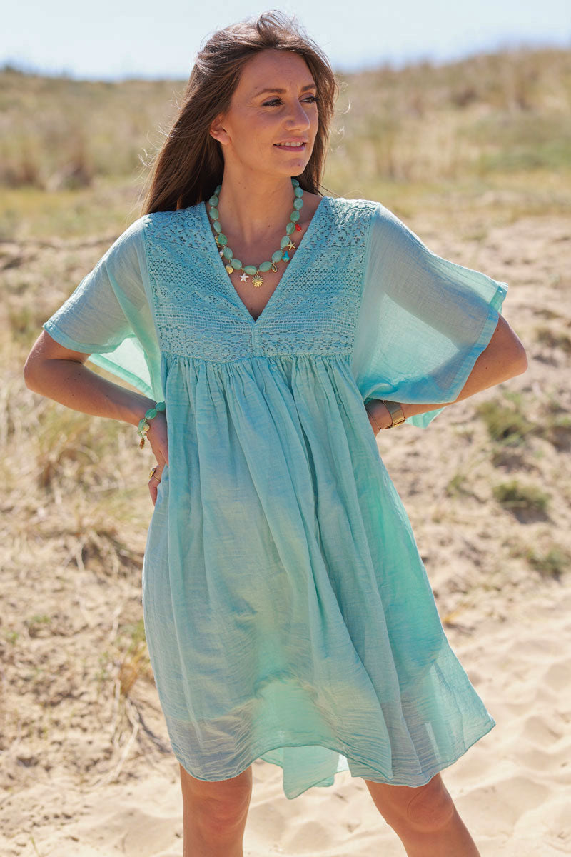 Robe vert d'eau légère voile de coton haut dentelle