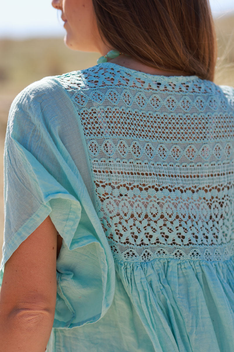 Robe vert d'eau légère voile de coton haut dentelle