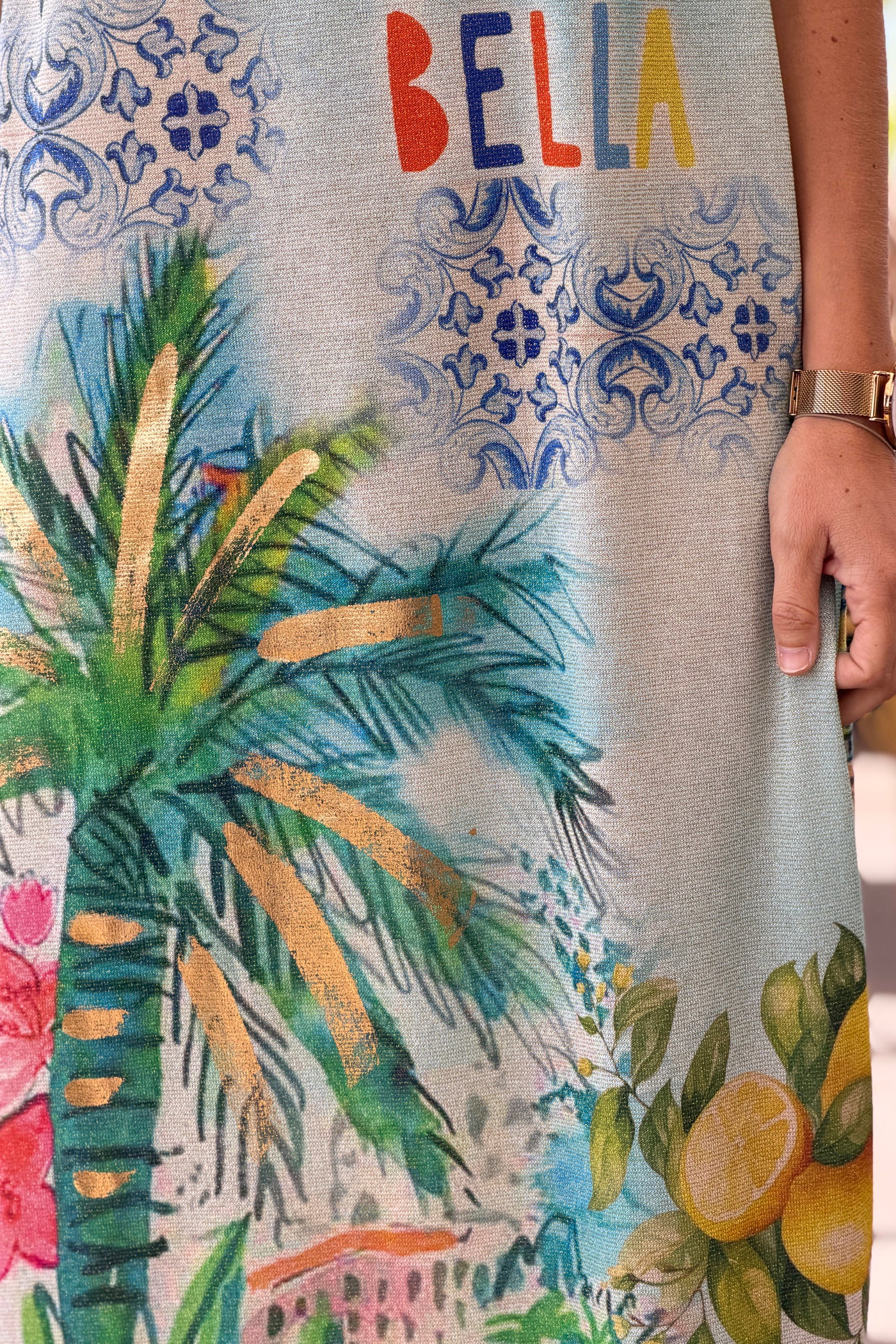 Robe débardeur brillante bleue lurex imprimé Ciao Bella palmier et citrons
