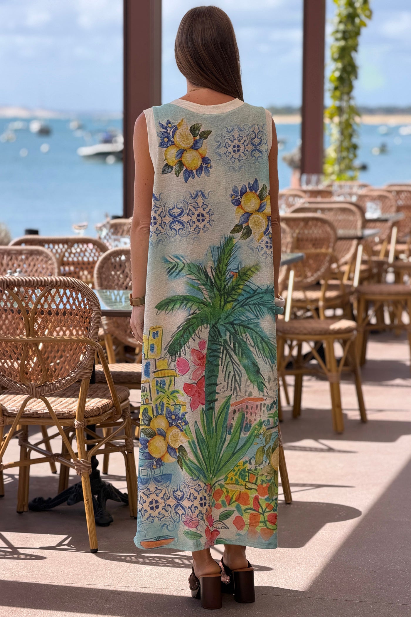 Robe débardeur brillante bleue lurex imprimé Ciao Bella palmier et citrons