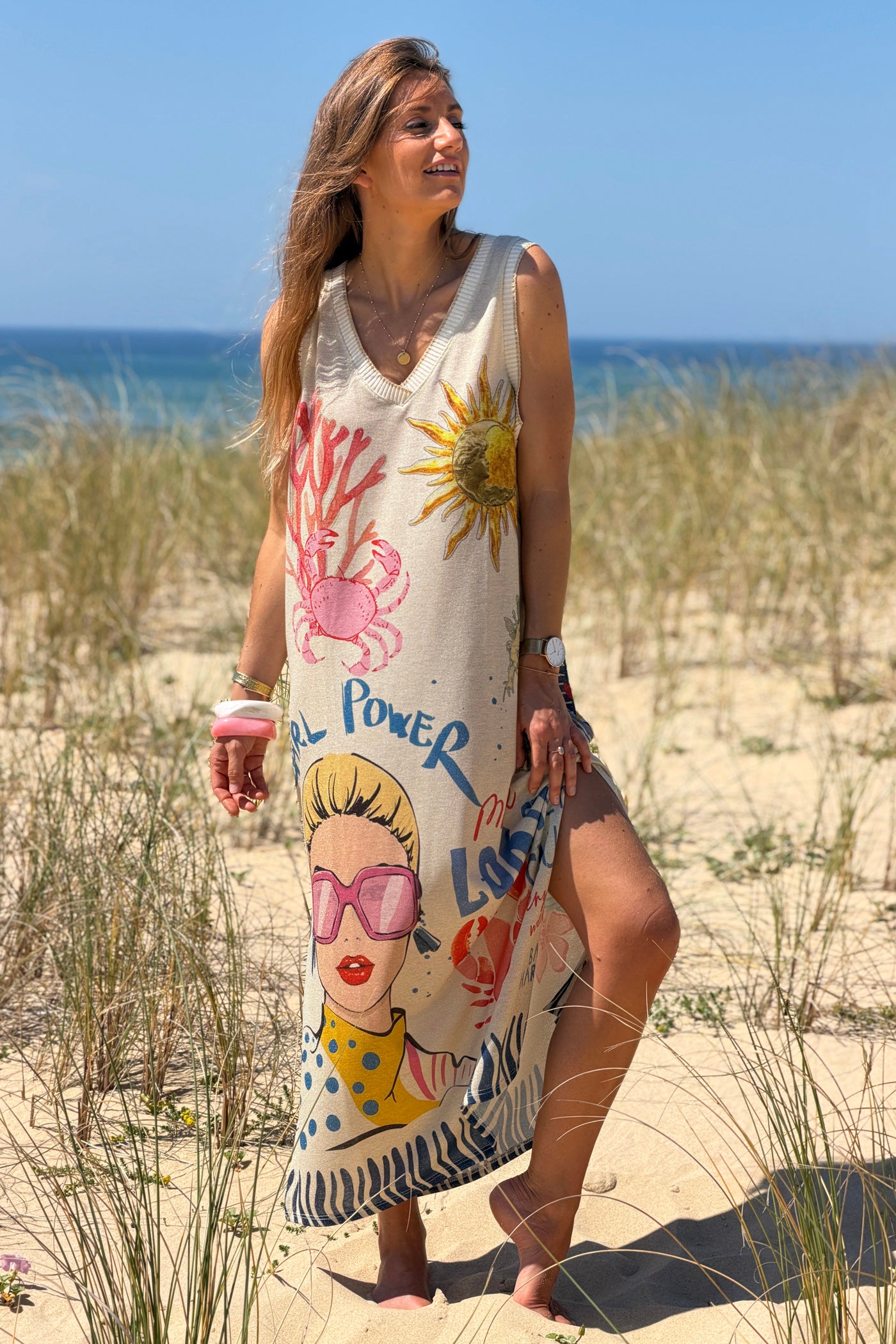 Cream “Girl Power” Sea Creatures Glitter Knit Maxi Dress