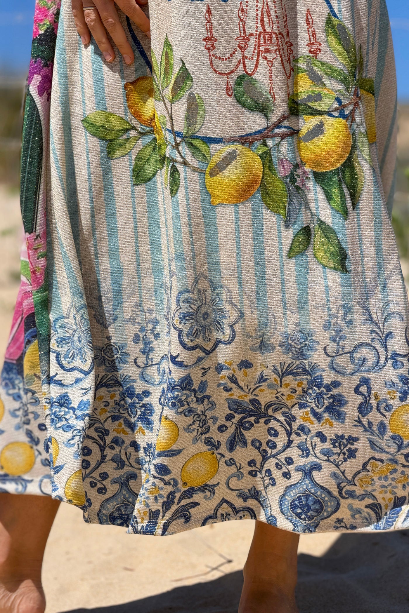 Robe débardeur brillante lurex beige imprime rayures bleues Dolce Vita et citron