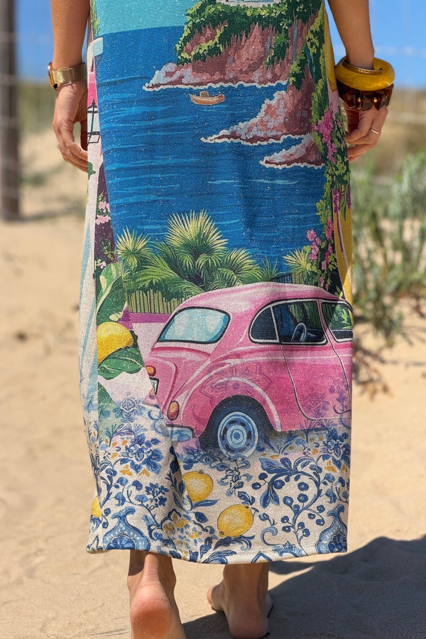 Robe débardeur brillante lurex beige imprime rayures bleues Dolce Vita et citron