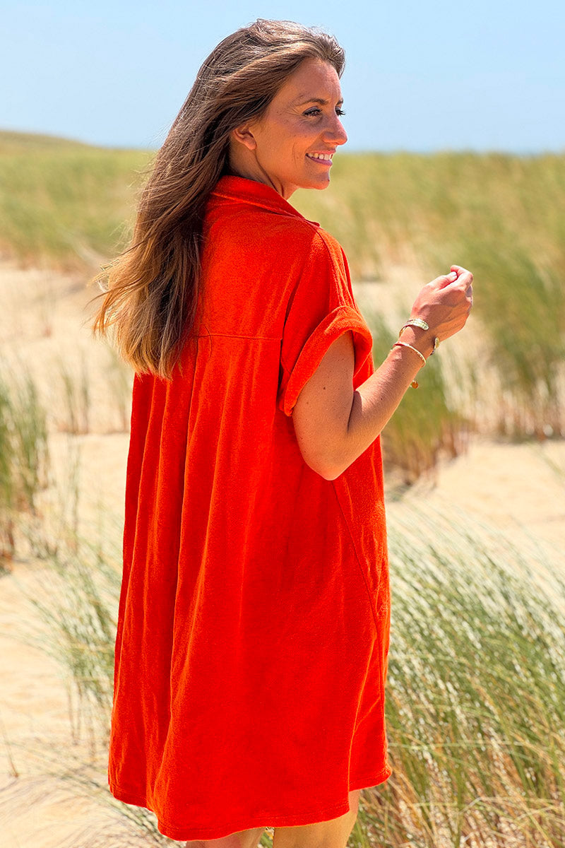Orange Terry Cloth Button-Down Shirt Dress