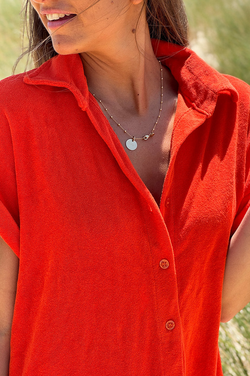 Orange Terry Cloth Button-Down Shirt Dress