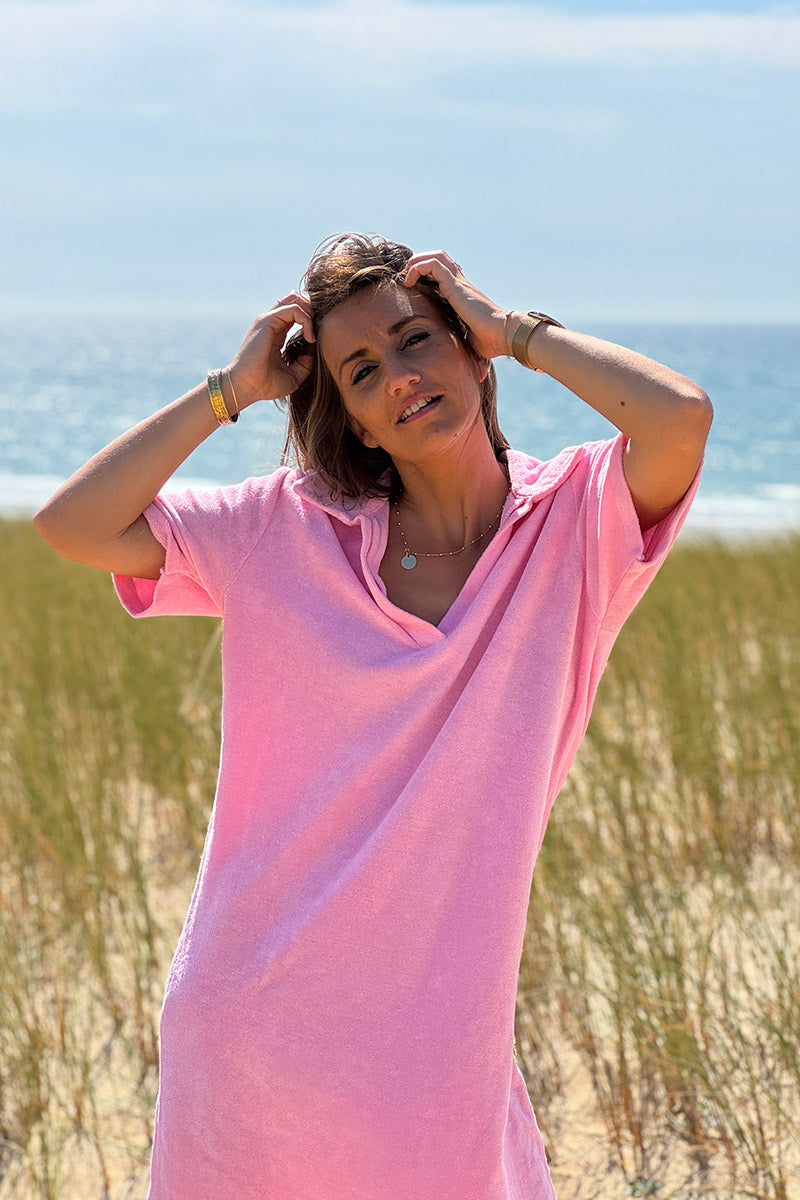 Pink Terry Cloth Collared V-Neck Dress