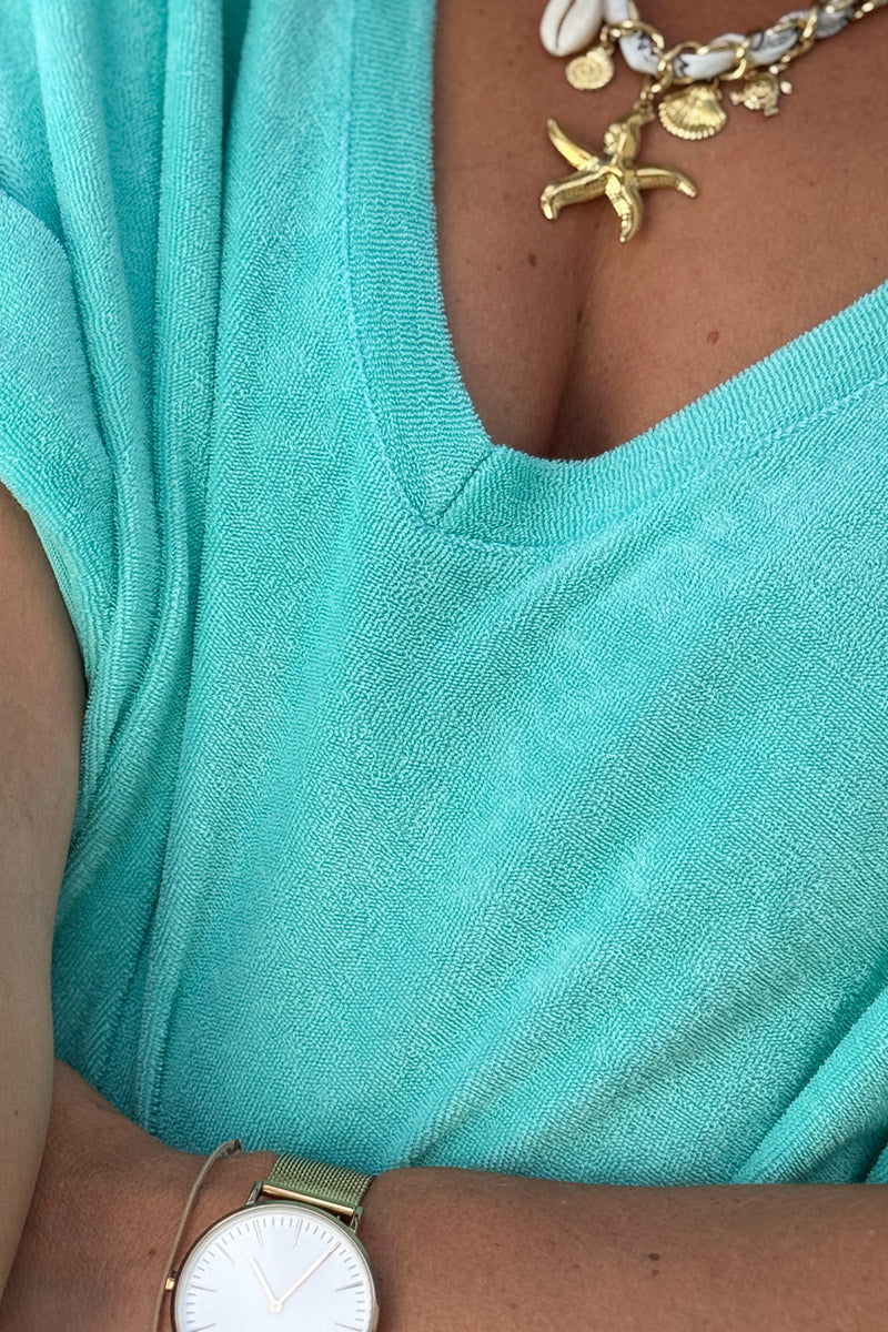 Robe longue éponge turquoise coupe t-shirt long et large col v