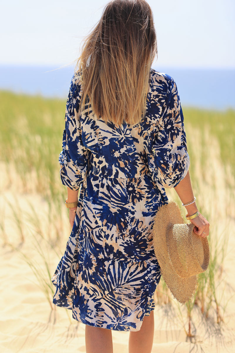 Navy blue watercolor flower print floaty dress