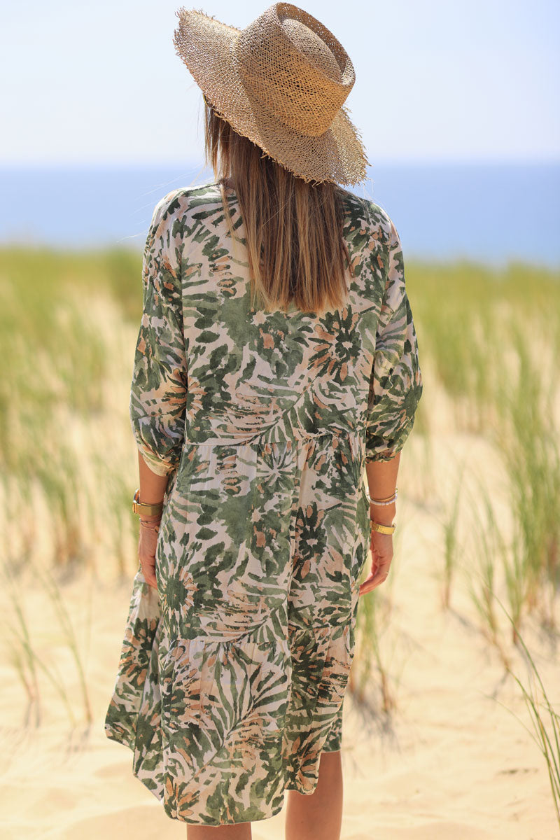 Khaki watercolor flower print floaty dress