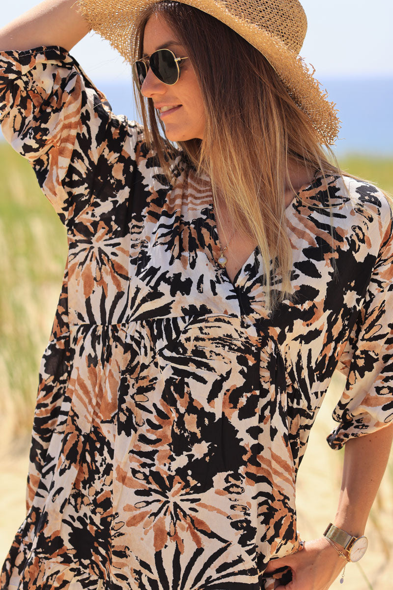 Black and camel watercolor flower print floaty dress