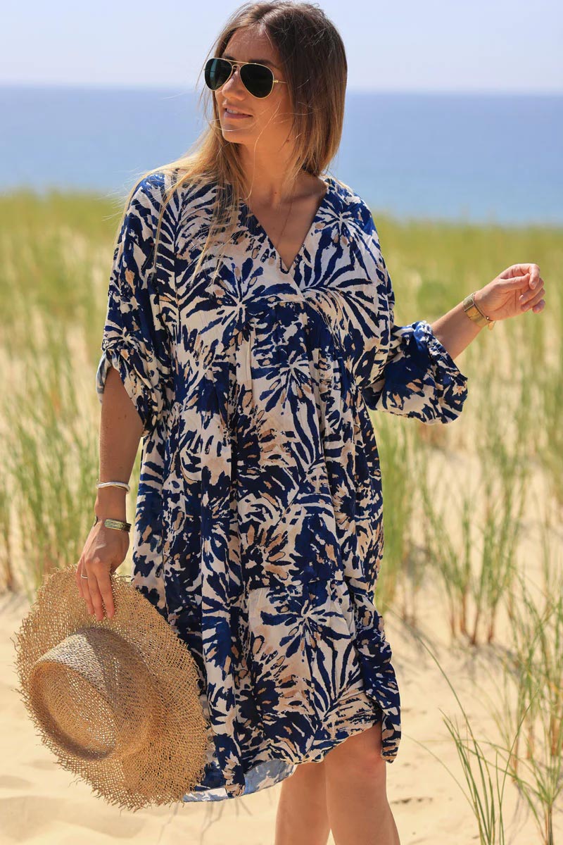 Navy blue watercolor flower print floaty dress