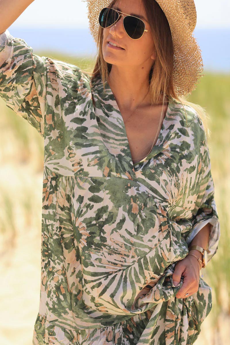 Khaki watercolor flower print floaty dress