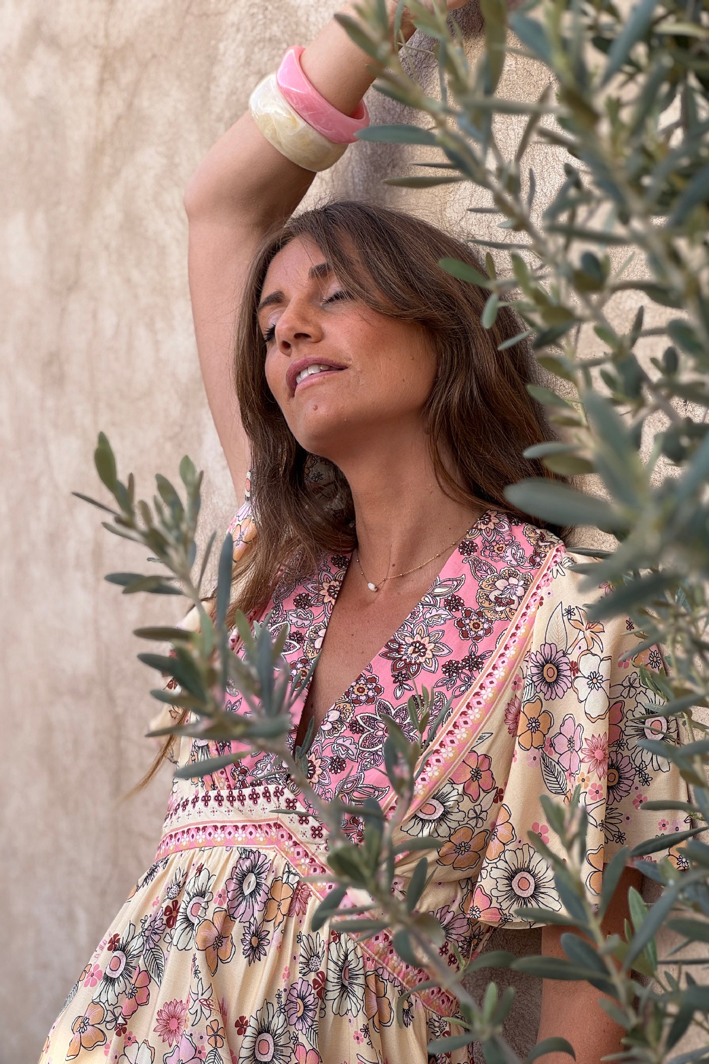 Robe fluide doublée beige imprime fleurs rose