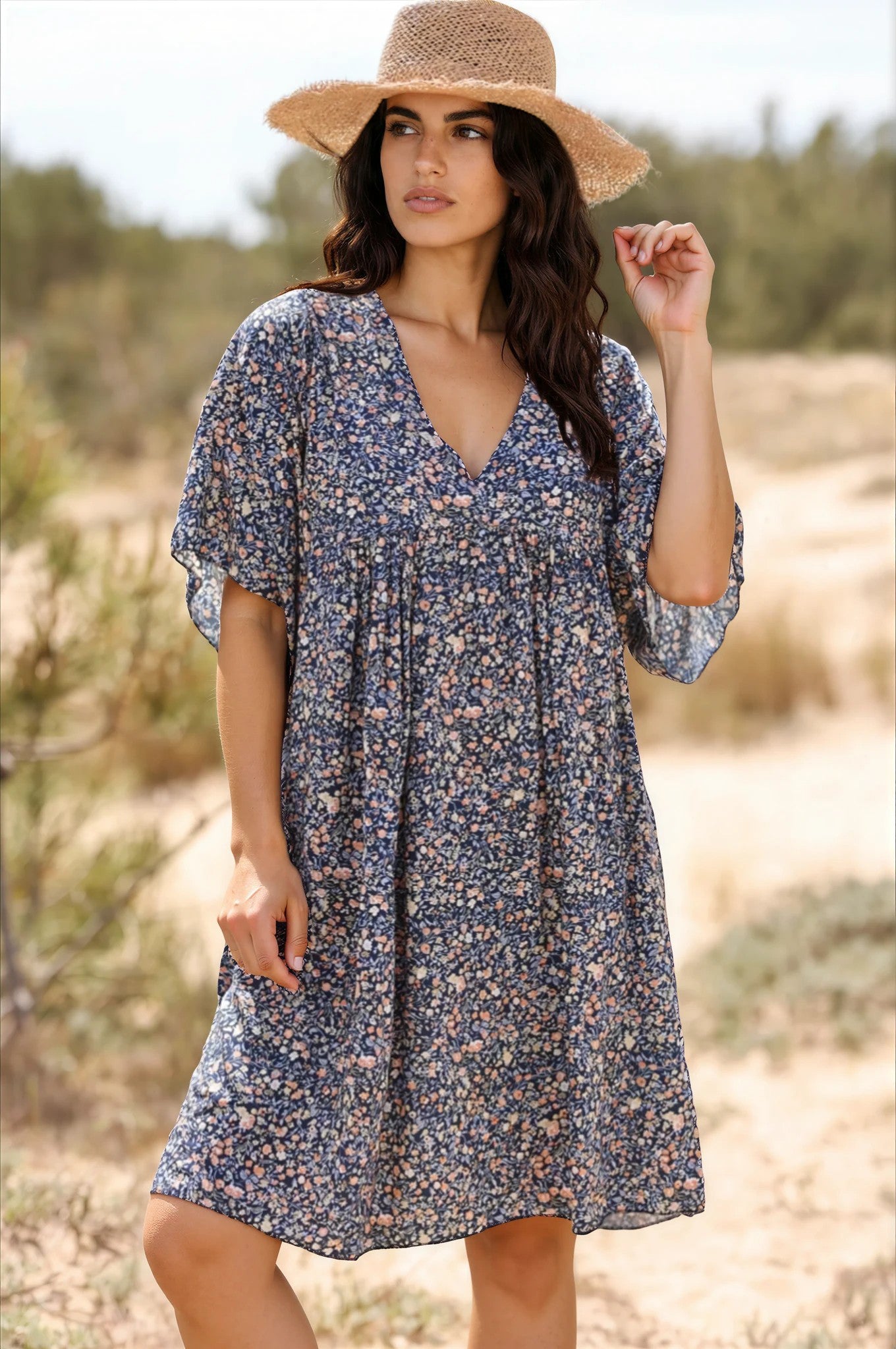 Robe fluide bleu marine imprimé liberty pastel Jeanne