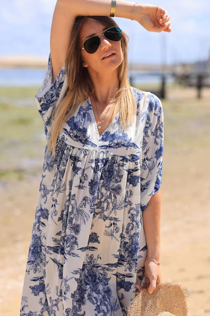 Navy blue short smock dress in toile de jouy print