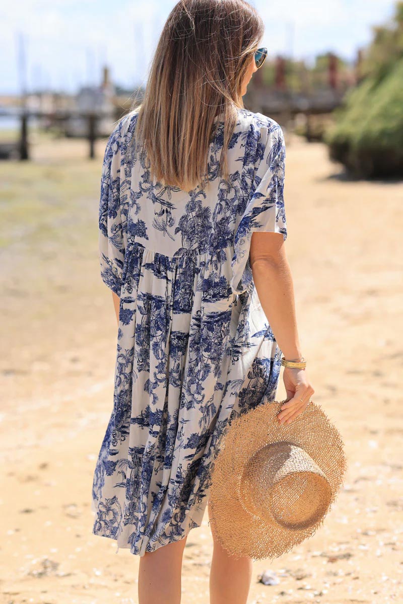 Navy blue short smock dress in toile de jouy print