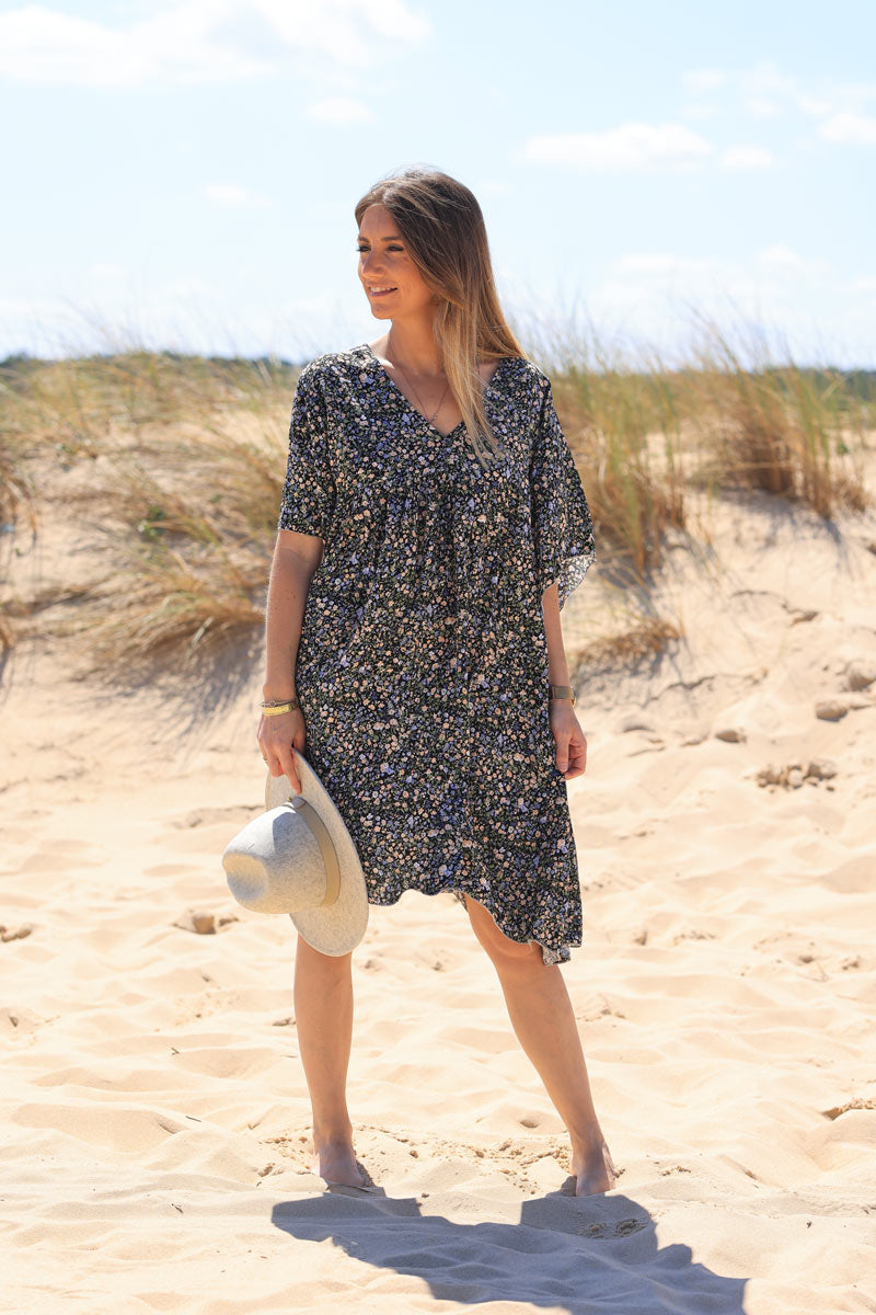 Vestido fluido negro con estampado Liberty pastel Jeanne