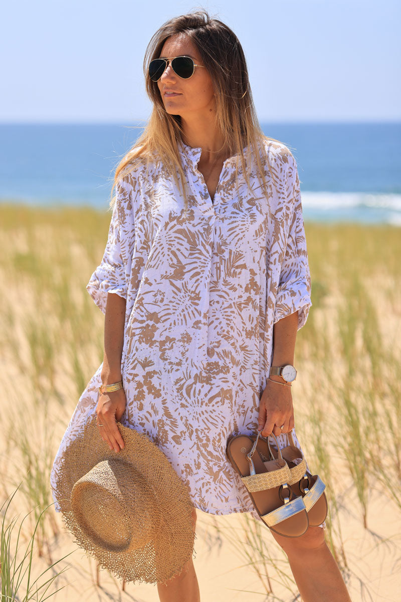 Robe large en coton col v imprimé des iles beige
