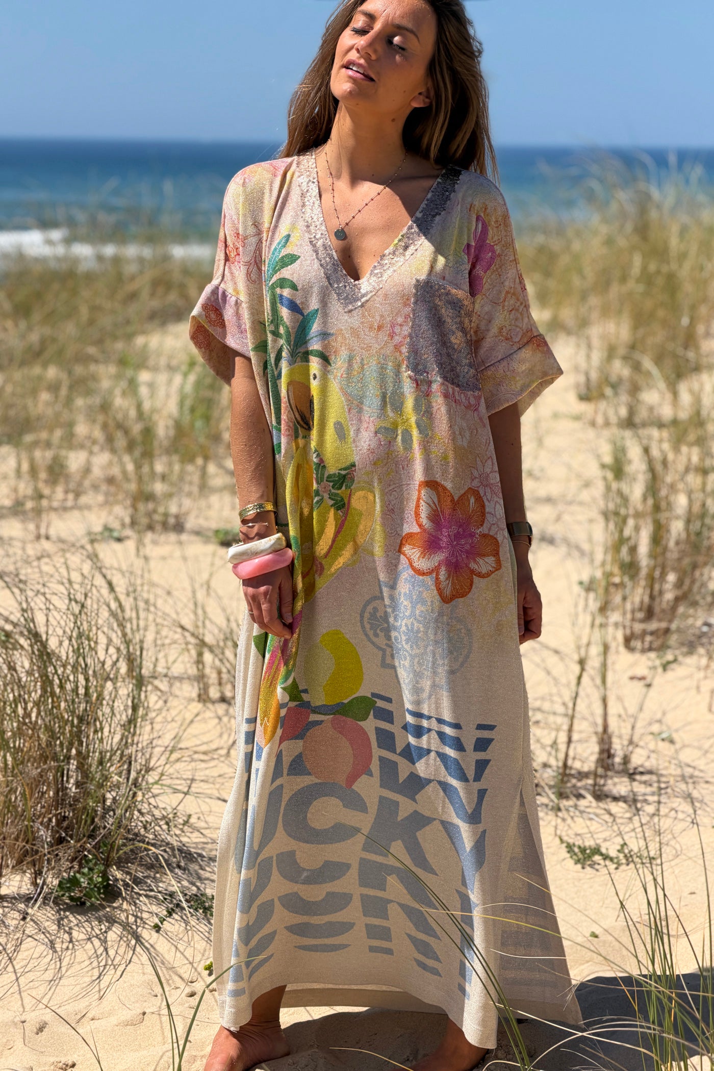 Beige “Lucky” Parrot Glitter Knit Caftan