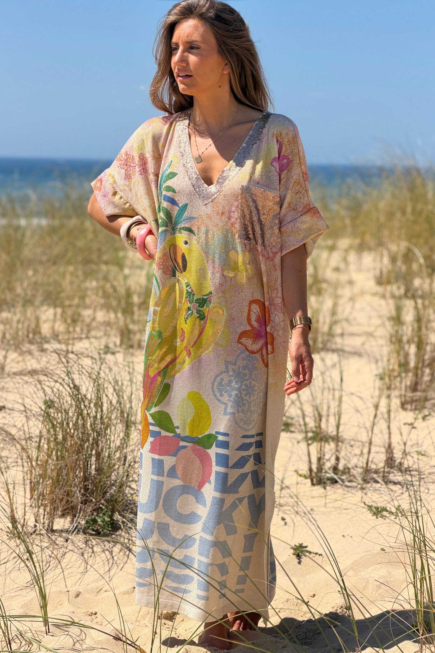 Beige “Lucky” Parrot Glitter Knit Caftan